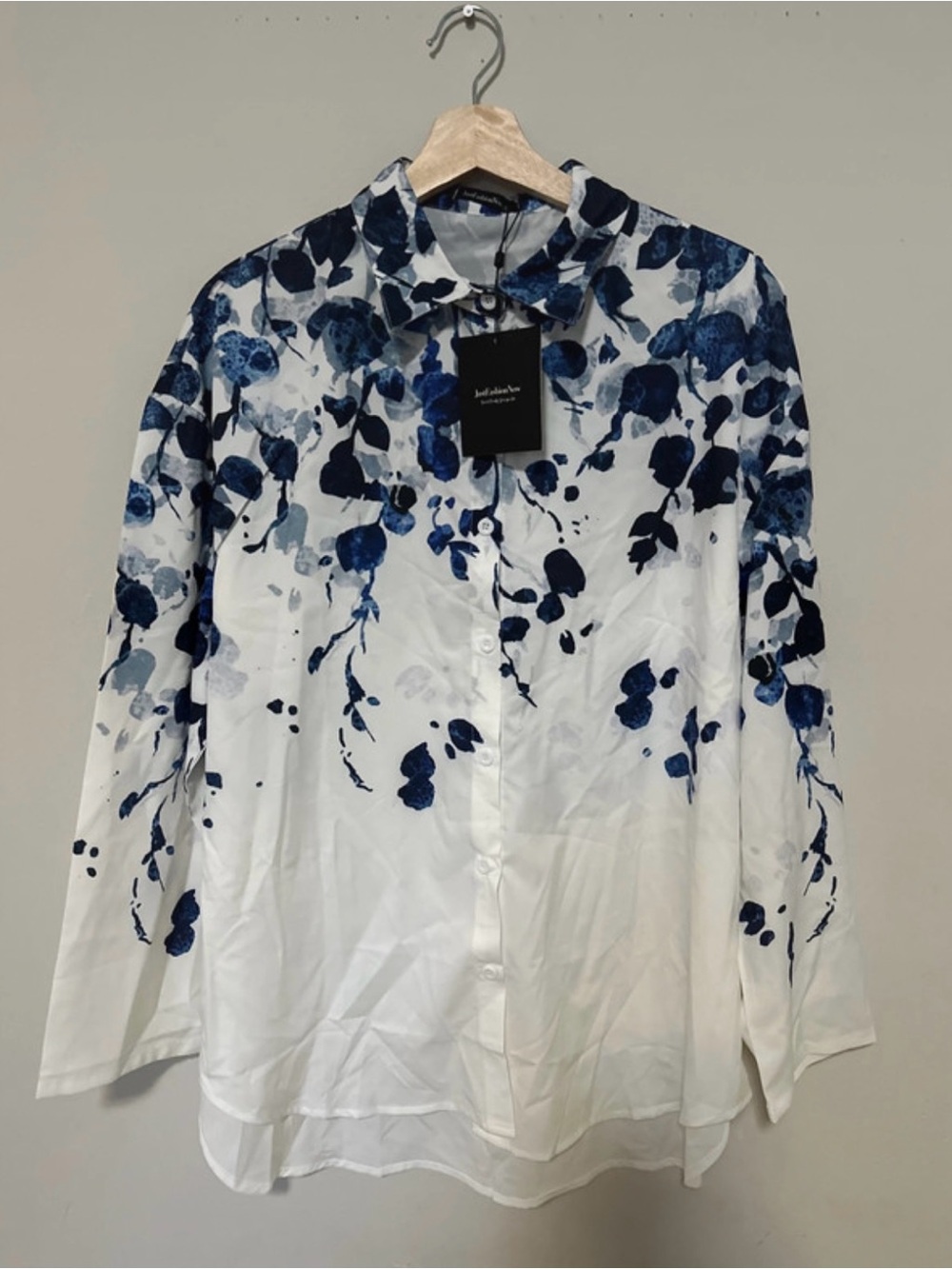 White Blouse with Blue Floral Watercolor Print